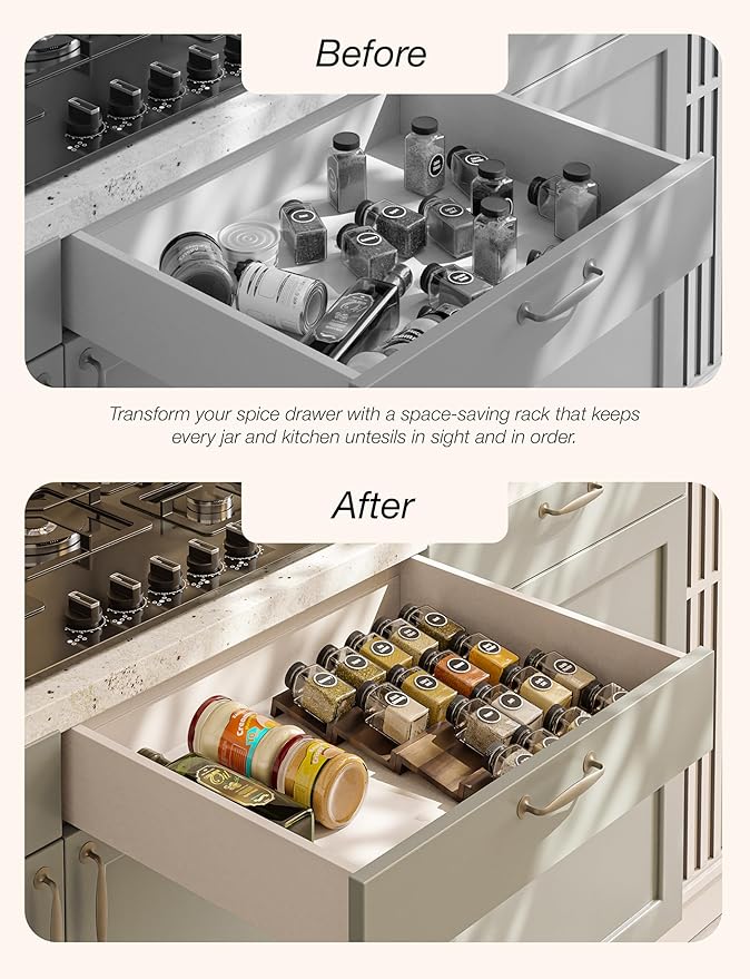 Tinamo Acacia Wooden Spice Rack Organizer for Cabinet - Spice Drawer Insert, Spice Organization for Cabinet, Seasoning Organizer, Spice Holder Pack of 8 (Walnut pack 4)