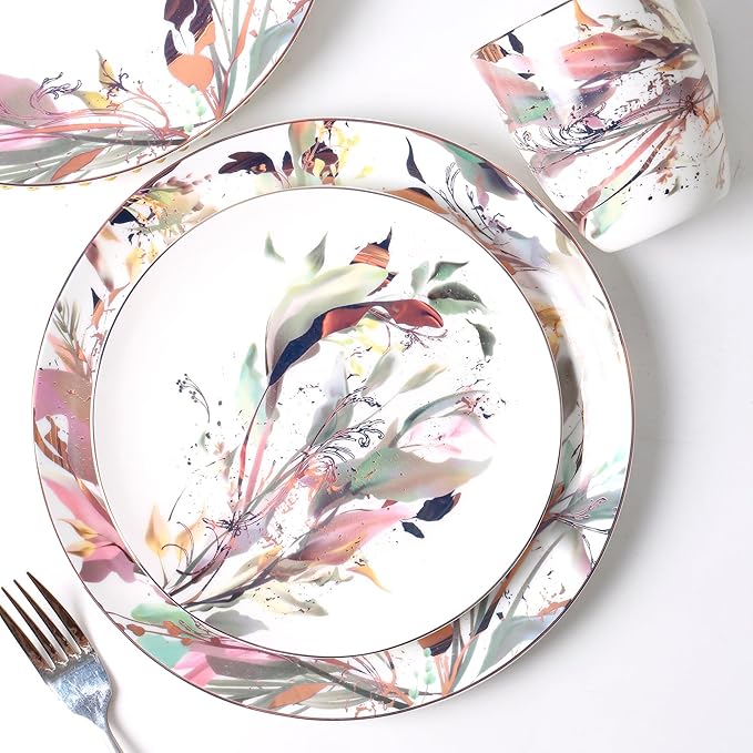 Pink & Gold Plates and Bowls Sets Dishes Set for 4, Ceramic Plates and Bowls Set, Service for 4, Bone China Dinnerware Set Salad Dessert Plates, and Cereal Bowls Set, Microwave safe by KOKEN