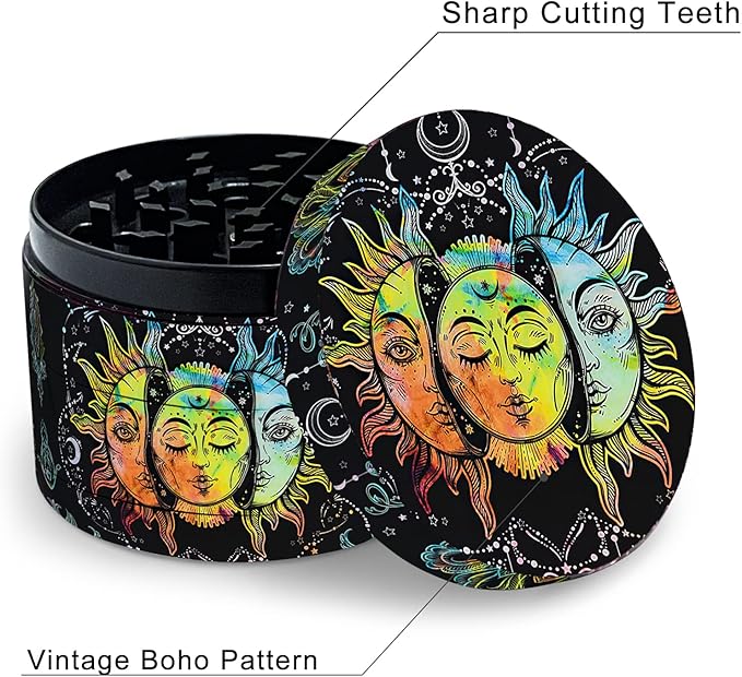 2.5 Inch Boho Grinder, Large Spice Grinder（Sun and Moon Pattern）