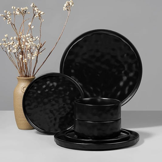 HaWare Dinnerware Sets, 6-Piece Plates and Bowls Set, Stoneware Dish Set for 2, Ceramic Dinnerware for Home Restaurant, Chip and Scratch Resistant, Microwave and Dishwasher Safe, Matte Black