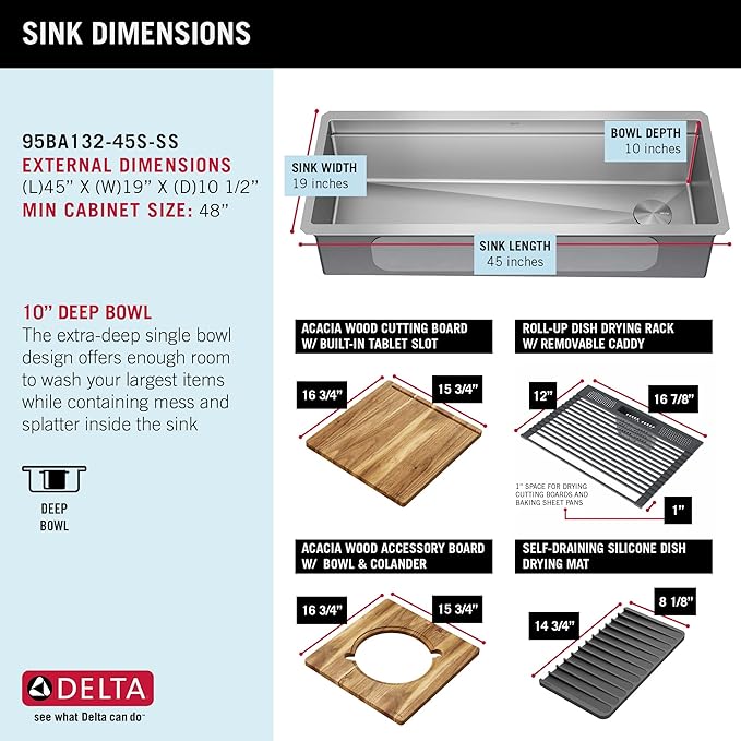 DELTA FAUCET Lorelai 45-inch Workstation Kitchen Sink Undermount 16 Gauge Stainless Steel Single Bowl with 2-Tier WorkFlow Ledge and Chef’s Kit of 11 Accessories, 95BA132-45S-SS