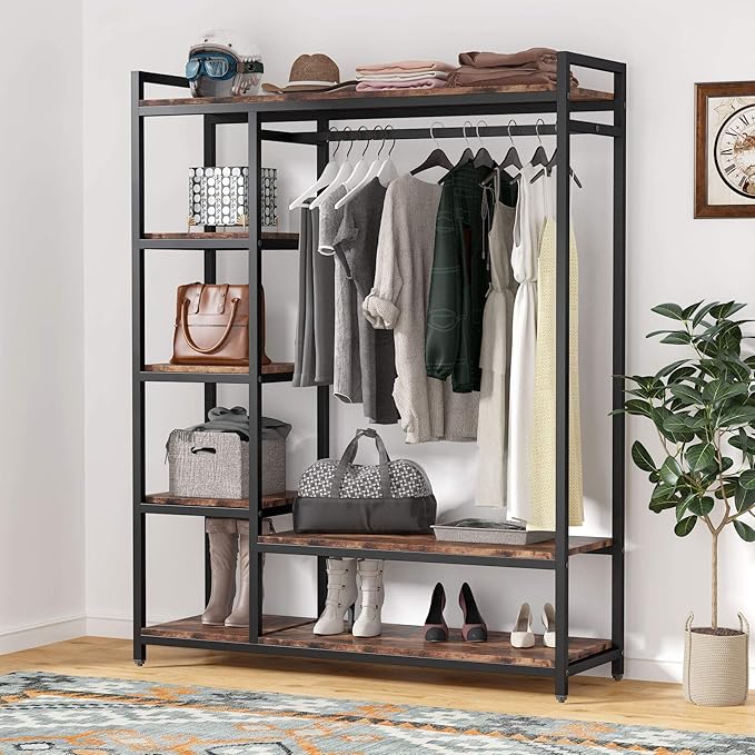 Tribesigns Free-standing Closet Organizer with 6 Storage Shelves and Hanging Bar, Large Standing Clothes Garment Rack（Vintage）