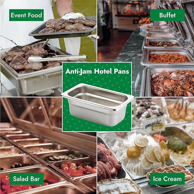 HECMAC 6 Pack Anti-Jam Hotel Pans, 1/9 Size 2-1/2 Inch Deep, Commercial Stainless Steel Chafing Steam Table Pan, Catering Storage Metal Food Pan
