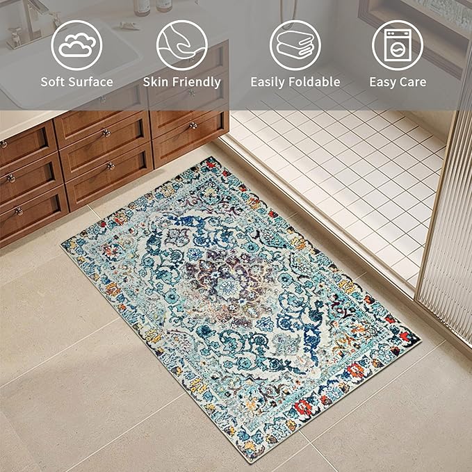 Easy-Going Boho Area Rug 2x3 Washable Entryway Rugs Front Door Mat Indoor Entrance Non-Slip Medallion Distressed Small Entry Rug for Living Room Bedroom Bathroom Lightweight Carpet, Vintage Multi