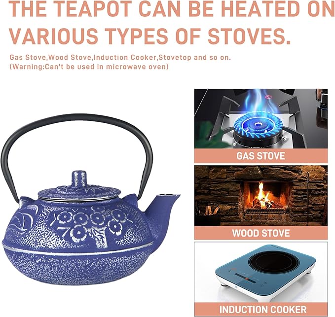 27oz Small Cast Iron Teapot, SECHUDO Blue Tea Kettle for Stovetop Safe, Japanese Style Tea Pot with Stainless Steel Infuser for Loose Leaf(800ML)