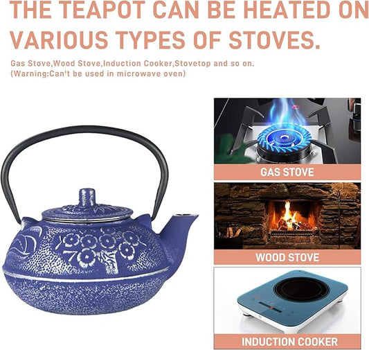 Cast Iron Teapot,SECHUDO Blue Tea Kettle,Japanese Cast Iron Teapot with Stainless Steel Infuser for Stovetop Safe (20.3OZ/600ML)