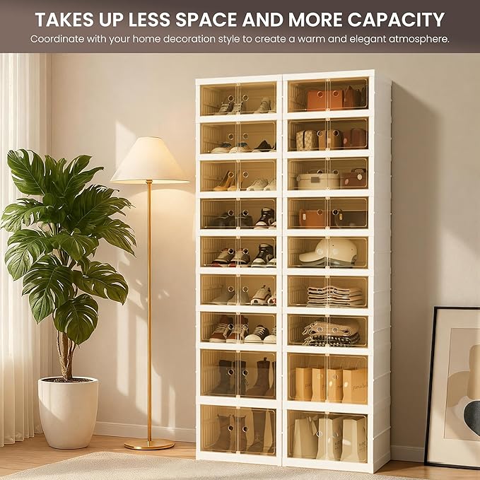 Foldable Shoe Organizer Storage Box, Portable Extra Large Folding Shoe Rack for Closet, Shoe Storage Box with Magnetic Transparent Door and Wheels, 9 Layers 18 Grids with 4 Big Grids