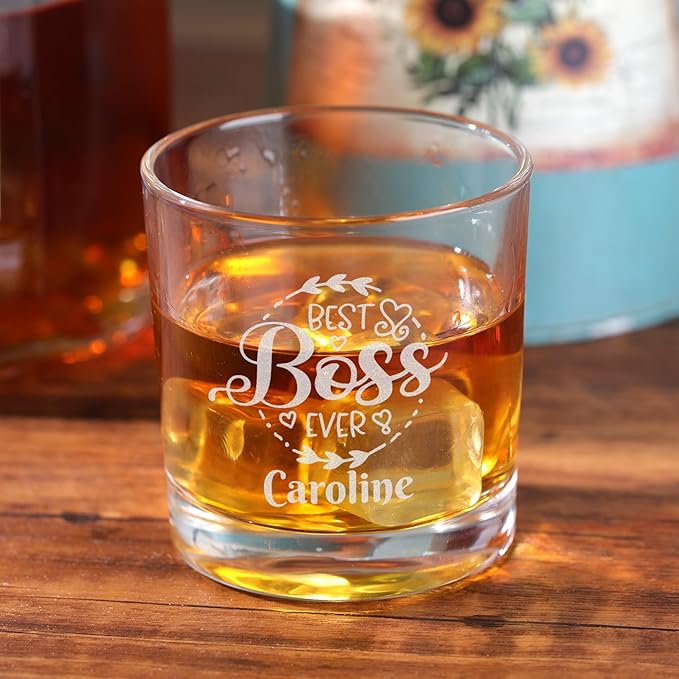 Personalized Boss Gifts for Men, Custom Whiskey Glass with Engraved Name, Birthday Farewell Retirement Christmas Boss Day Gift for Coworkers Staff Leader Office Decor