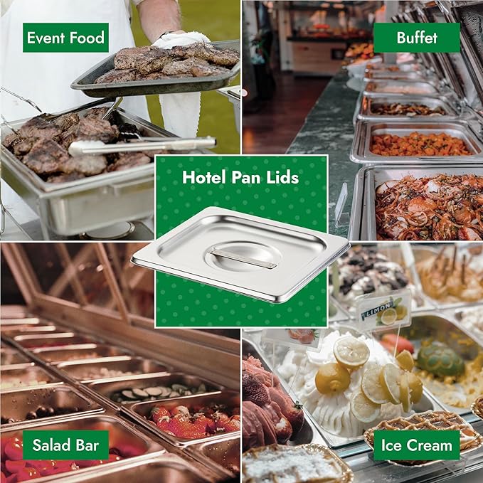 HECMAC 6-Pack 1/4 Size Hotel Pan Cover, Stainless Steel Solid Steam Table Catering Food Pan Lid with Handle