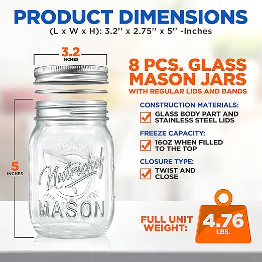 NutriChef 8-Pack 16 oz Mason Jars with Lids - Thick Glass Canning Jars with Stainless Steel Lids - Ideal for DIY Spices, Meal Prep, Overnight Oats, Jelly, Jam, Honey, Candles, Crafts, & More