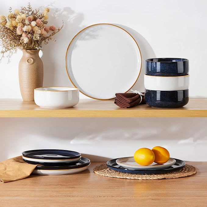 Herogo 12-Piece Stoneware Dinnerware Sets for 4, Dinner Plates and Bowls Sets, Double Reactive Glaze Dishware Place Setting for Kitchen, Scratch Resistant, Microwave Safe, Ivory White & Starry Blue