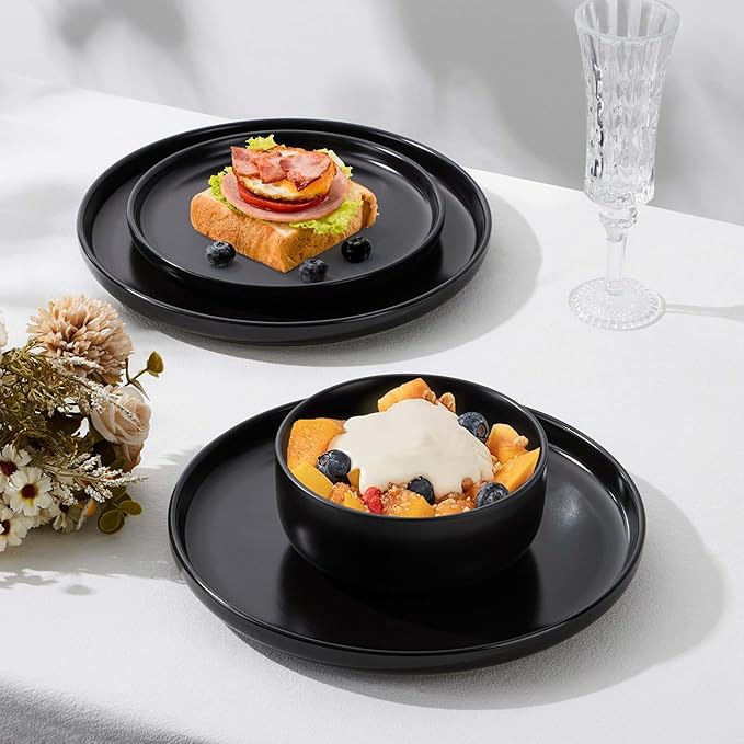 Herogo 18 Pieces Stoneware Dinnerware Sets Service for 6, Dinner Plates and Bowls Sets, Double Reactive Glaze Dishes Set for Kitchen, Scratch Resistant, Microwave & Dishwasher Safe, Matte Black