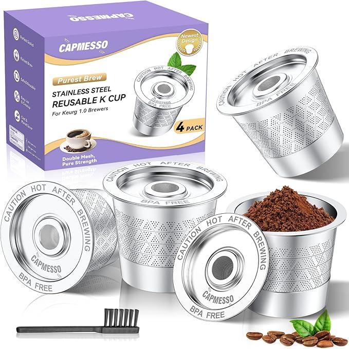 CAPMESSO Reusable K Cups for Keurig: 2026 Updated Kcup Refillable Coffee Pods - Full Stainless Steel K Cups for Keurig 1.0 Coffee Maker - Dual Mesh for Richer Coffee NO Grit, No BPA(4 Pack)