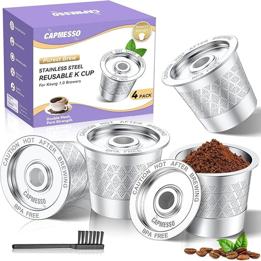 CAPMESSO Reusable K Cups for Keurig: 2026 Updated Kcup Refillable Coffee Pods - Full Stainless Steel K Cups for Keurig 1.0 Coffee Maker - Dual Mesh for Richer Coffee NO Grit, No BPA(4 Pack)