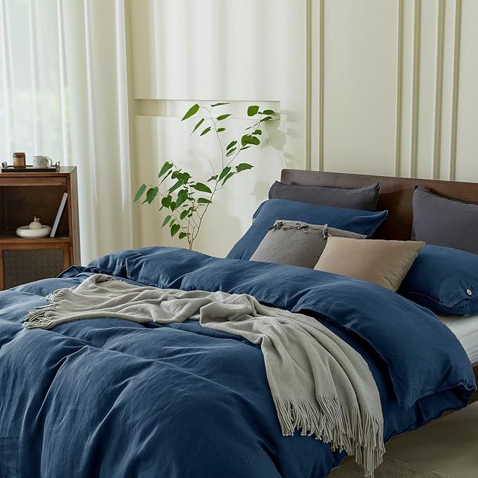 EVERLY 100% Pure Linen Duvet Cover Set California King Size 104X98Inch 3pcs (1 Duvet Cover,2 Pillowcases) Soft Breathable for All Season with Coconut Button Closure,Suitable for Hot Sleepers-Navy Blue