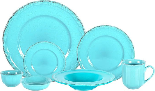 56pc Dinnerware Set, Plate and Bowl Set, Stoneware Dishes Set for 8, Microwave and Dishwahser Safe, Scratch Resistant, French Countryside Speckled Turquoise
