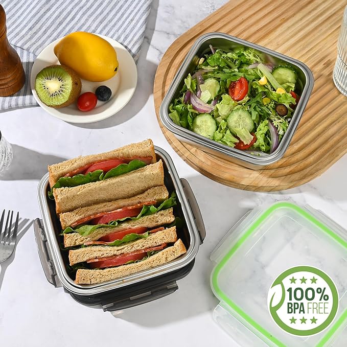 2 Pack Sandwich Containers, 24oz Stainless Steel Sandwich Box with Airtight Lids, Reusable Metal Meal Prep Lunch Boxes, BPA-Free, Dishwasher Safe, Food Storage Containers for Families (Black)