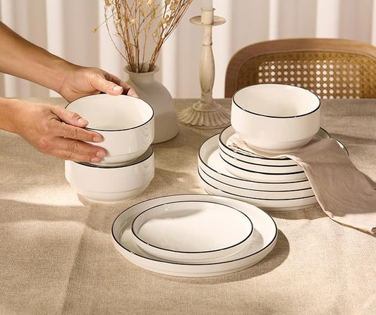 Ceramic Dinnerware Set, 12-Piece Service for 4, Round, Microwave and Dishwasher Safe, Cambridge Classics (French)