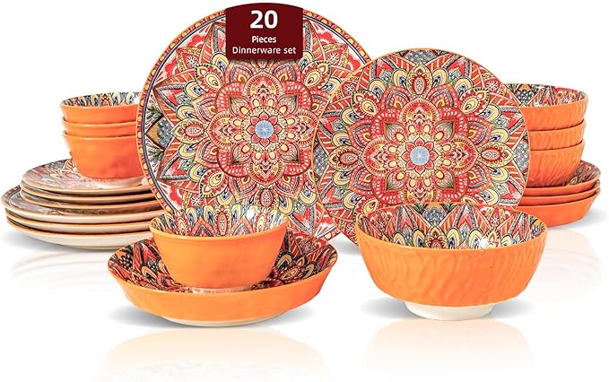 Homevss Boho 20 Pieces Dinnerware Sets, Plates and Bowls Set, Porcelain Dishes Set for 4, Microwave and Dishwasher Safe, Scratch Resistant, Bohemian Style Dining Ware, Orange