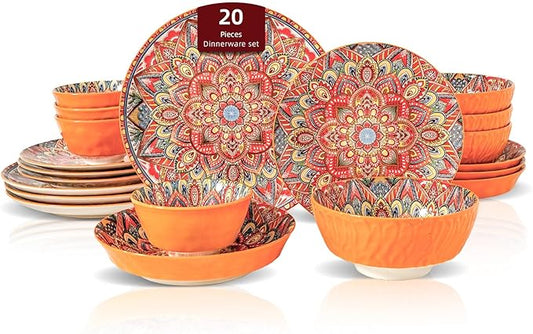 Homevss Boho 20 Pieces Dinnerware Sets, Plates and Bowls Set, Porcelain Dishes Set for 4, Microwave and Dishwasher Safe, Scratch Resistant, Bohemian Style Dining Ware, Orange