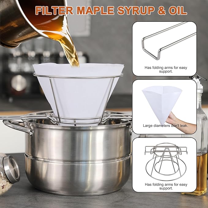 Maple Syrup Cone Filter Holder Stand with Thermometer, Stainless Steel Filter Strainer with 20pcs Cone Filter Paper & Folding Arms for Maple Syrup Making and Filtration of Cooking Oil, Kitchen