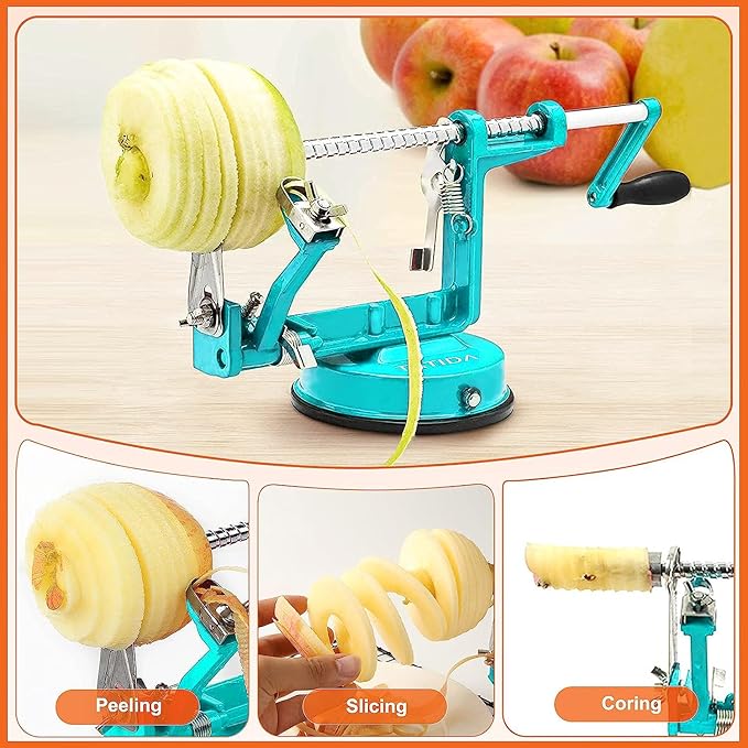 Apple Peeler Corer, Long lasting Chrome Cast Iron Apple Peeler Slicer Corer with Stainless Steel Blades and Powerful Suction Base for Apples and Potato(Blue)
