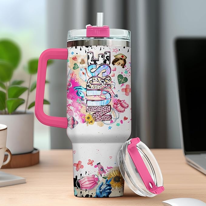 Coffee Straws Student Practitioner Cup Er Cups Leopard Travel Women Nurses Print For, Nurse Gifts, Tumbler 40 Oz With Handle Lid And Straw, Nurse Rainbow Collaboration