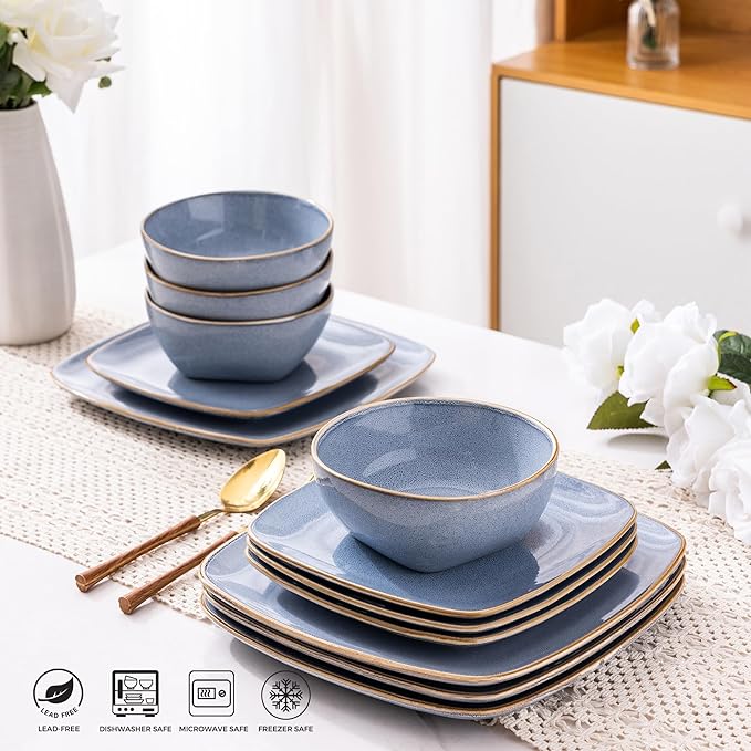 AmorArc Ceramic Dinnerware Sets for 4, 12 Pieces Square Handpainted Plates and Bowls Set, Chip and Scratch Resistant Stoneware Dishes Set, Dishwasher & Microwave Safe, Reactive Blue