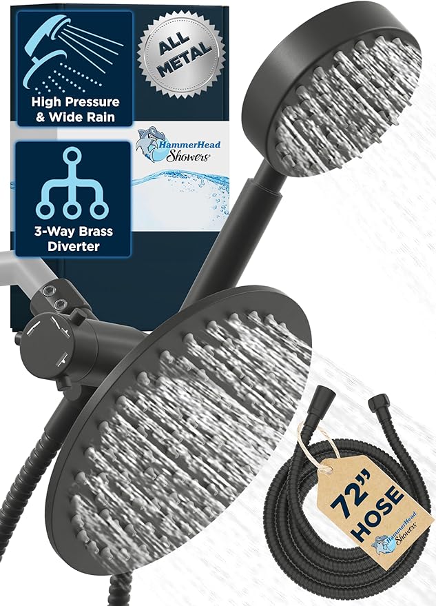 HammerHead Showers® Solid Metal Dual Shower Head Combo – MATTE BLACK – 8 Inch Rainfall High Flow Shower Head & Handheld Shower Head High Pressure with Hose 6ft - Hotel-Like Double Shower Heads