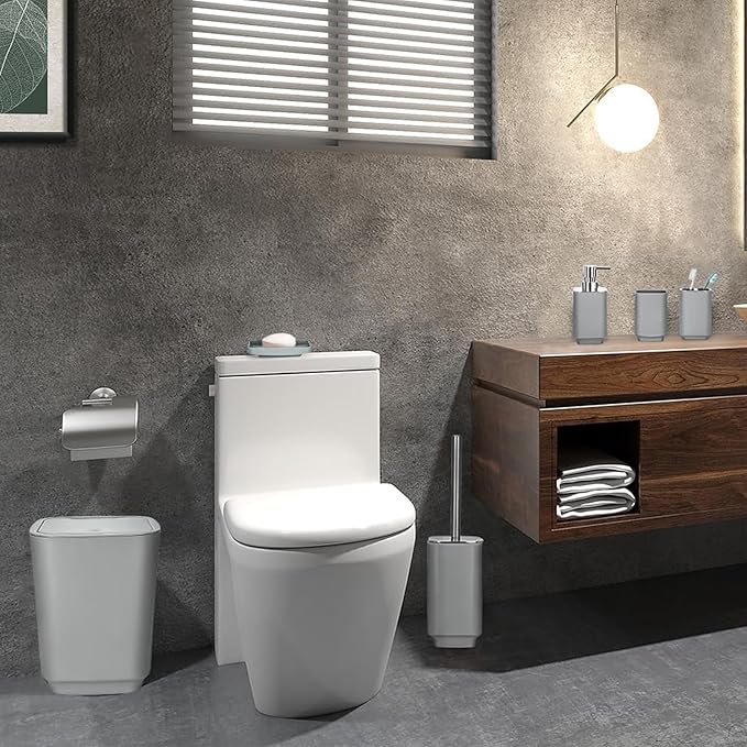 Bathroom Accessory Set 6 Piece Bathroom Accessories Set with Toothbrush Holder&Cup,Soap Dispenser& Dish,Toilet Brush Holder,Trash Can Plastic Gift Set for Bathroom Decorative Countertop（Gray