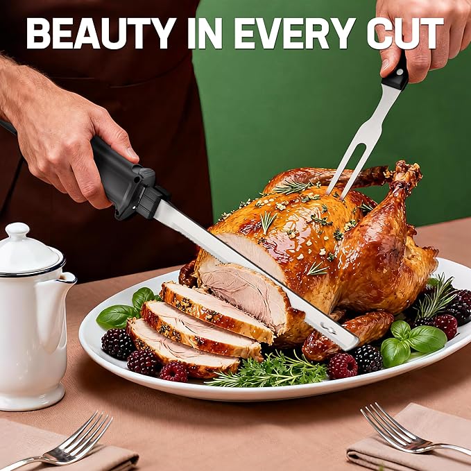 WORKPRO Electric Knife for Meat Slicing, Cordless Electric Carving Knife for Turkey, Fish & Bread, Two Stainless Steel Blades, Ergonomic Handle, Storage Case & Serving Fork Included, Black