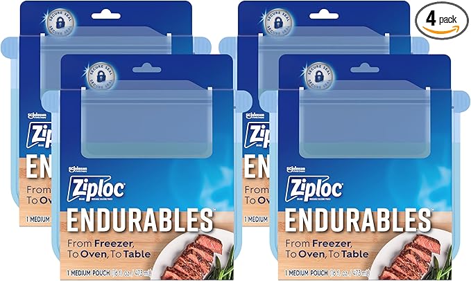 Ziploc Endurables Medium Pouch, 2 Cups, Reusable Silicone Bags and Food Storage Meal Prep Containers for Freezer, Oven, and Microwave, Dishwasher Safe (Pack of 4)