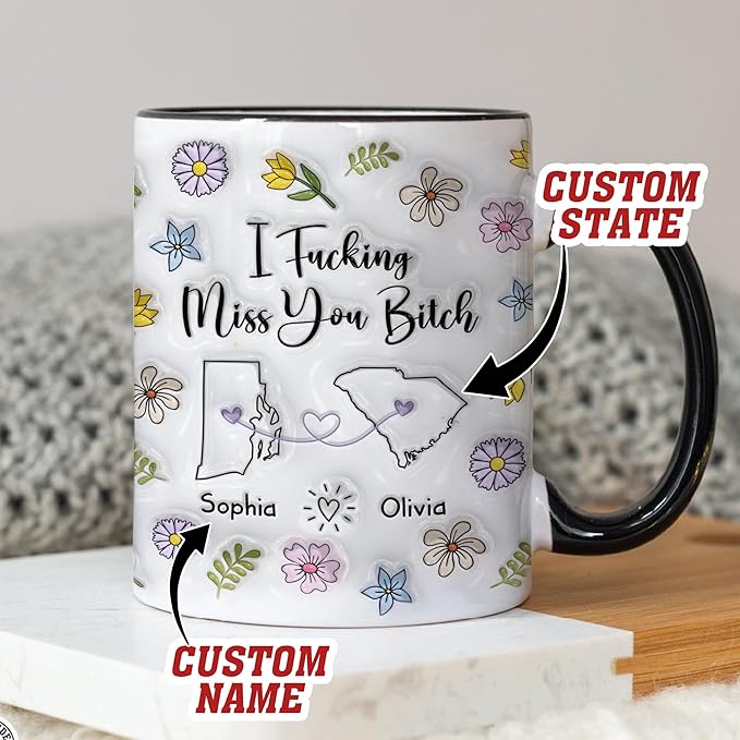 Personalized Long Distance Mug, Custom State To State Funny Mug With Name, Floral Decorations Mugs, Funny Mug Gifts For Sister Friends Couples, Gifts For Mommy Daddy From Son Daughter