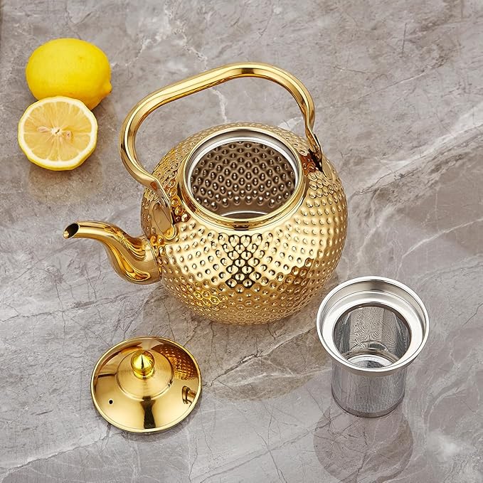 SANQIAHOME 2000ml teapot with Infuser stainless steel Water Boilers lifting handle Tea Maker Water Kettle for Induction/Gas gold