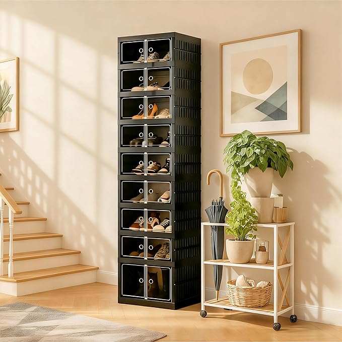 Foldable Shoe Organizer Storage Box Set of 2, Portable Extra Large Folding Shoe Rack for Closet, Shoe Storage Box with Magnetic Transparent Door and Wheels, 9 Layers 18 Grids with 2 Big Grids