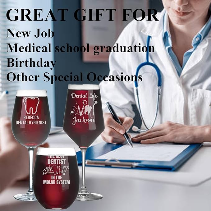 Custom Engraved Wine Glass - Personalized Dentist Gifts, Graduation Gift for Dental Student, Birthday Appreciation Gift for Dentist Assistant Hygienist Medical Graduate (Wine, Dentist)