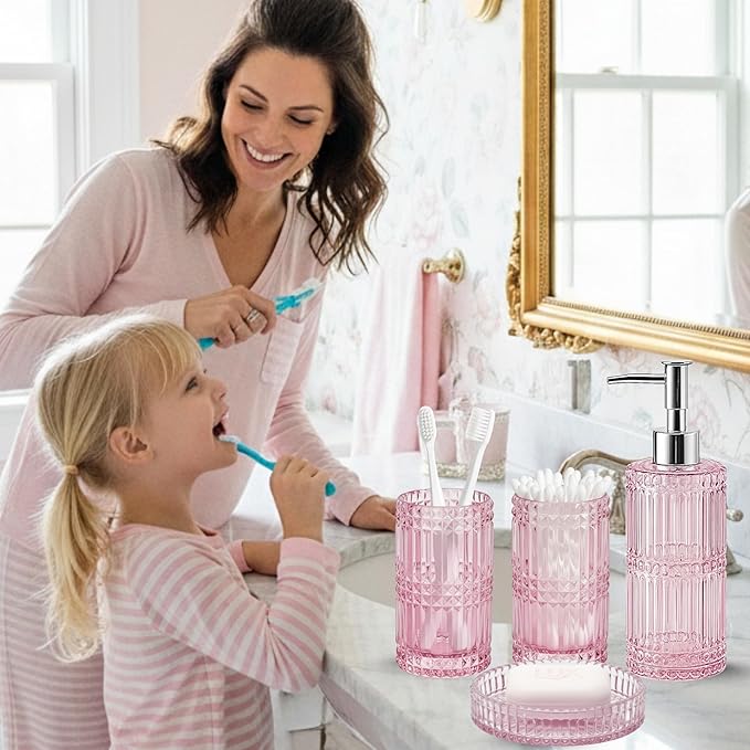 Escenzy Pink Bathroom Accessories Set 4 Pcs | Premium Glass Soap Dispenser and Toothbrush Holder Set, Qtip Holder, Soap Tray | Bathroom Counter Organizer Essentials | Modern Bathroom Set (Pink)
