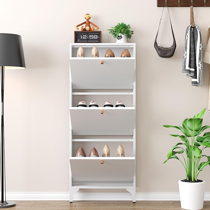 Shoe Cabinet with 3 Flip Drawers, 19" W Narrow Shoe Storage Cabinet, Farmhouse Shoe Organizer, Freestanding Organizer with Metal Legs for Entryway, Foyer (Narrow 3-Door, White)