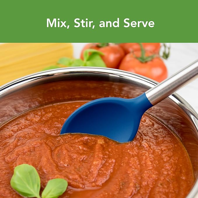 Tovolo Mixing Spoon Stainless Steel Handle Scratch Resistant Non Stick Safe Kitchen Utensil for Cooking Baking Serving Stirring, Heat Resistant Silicone Stirring Spoon with Metal Handle Deep Indigo