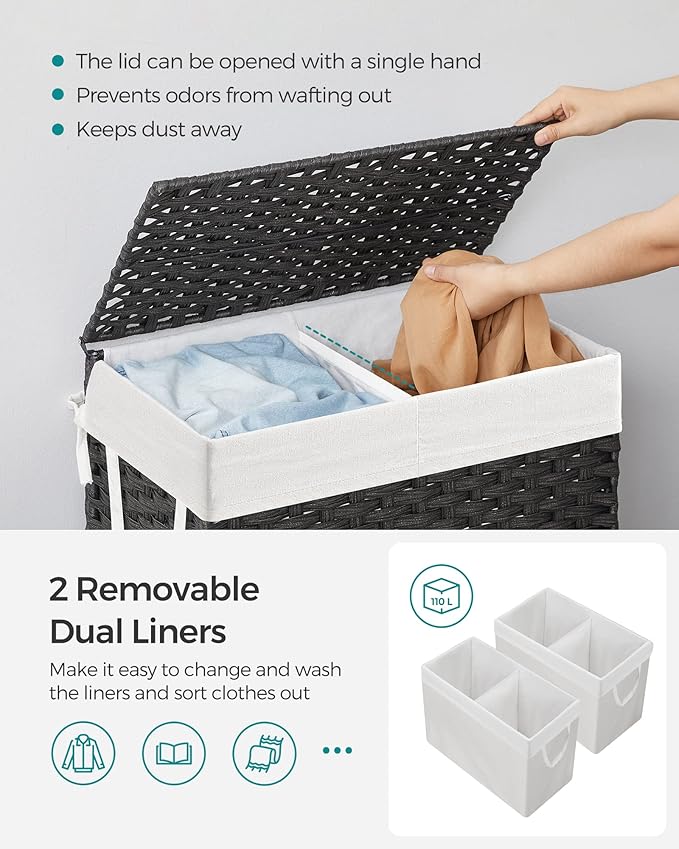 SONGMICS Laundry Hamper with Lid, 110L Clothes Hamper with 2 Removable Liner Bags, 6 Mesh Bags, Wicker Laundry Basket, Double Laundry Hamper for Laundry Room, 13 x 22.4 x 23.6 Inches Black ULCB52BK