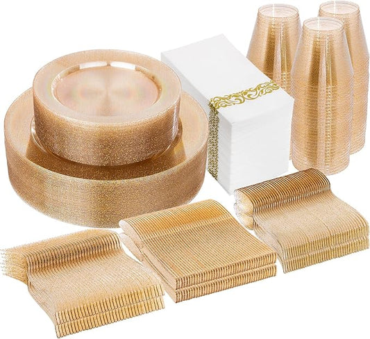 I00000 350 Pcs Gold Glitter Plastic Dinnerware Set for 50 Guests, Plastic Disposable Plates for Party, Include: 50 Dinner Plates,50 Dessert Plates,50 Paper Napkins, 50 Cups, 50 Silverware Set