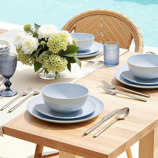 KINGSTONE Bone China Dinnerware Sets, 12-Piece Dinnerware Set for 4, Lightweight Durable, Dishwasher Safe, Tableware for Daily Use with Elegant Design, Blue