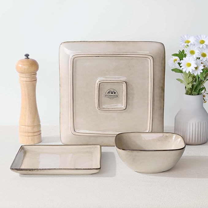 Herogo Stoneware Plates and Bowls Sets for 4, 12 Pieces Modern Square Dinnerware, Reactive Glaze Dishes Set for Kitchen, Chip Resistant, Microwave & Dishwasher Safe, Cream Khaki