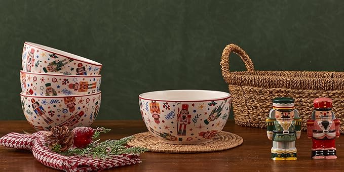 Bico Christmas Soldier Cereal Bowls Set of 4, 26 oz Deep Ceramic Soup Bowls for Cereal, Salad, Noodles, Kitchen, Microwave and Dishwasher Safe, Gift for Housewarming and Thanksgiving