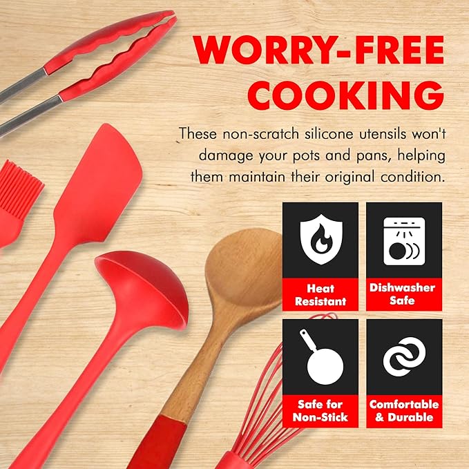 Chef Craft Premium Silicone Kitchen Tool and Utensil Set, 11 Piece Set, Red