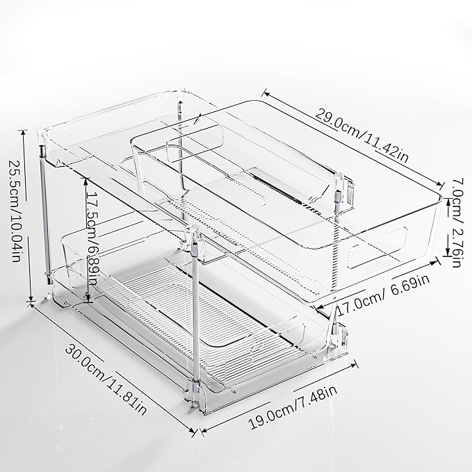 2 Tier Under Sink Organizer, 2 Pack Clear Bathroom Storage Vanity Counter Container, Cabinet Drawers Bins, Pull-Out Storage and Organization with Track for Pantry, Kitchen