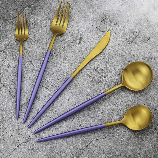 Gugrida 20-Piece 18/10 Stainless Steel Flatware Silverware, Luxury Dinnerware Set Travel Cutlery Tableware Include Knife Fork Spoon Service for 4, Dishwasher Safe (Purple Handle Matte Gold)