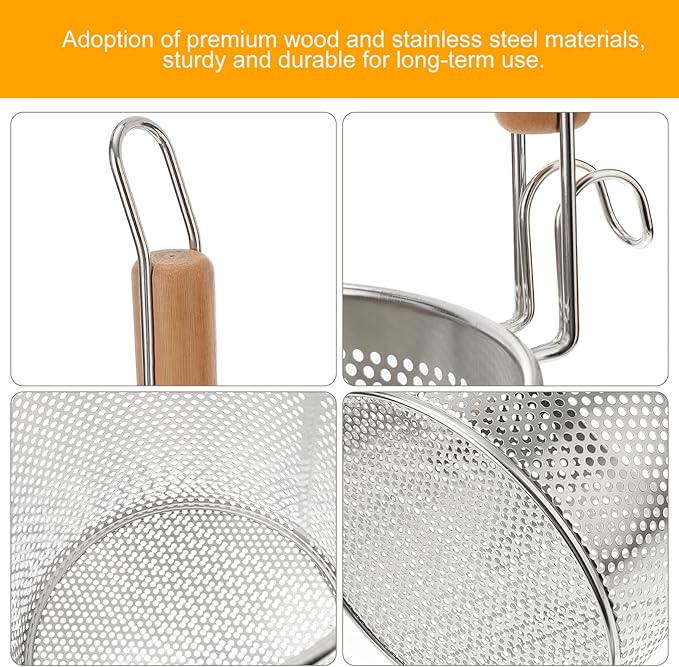Angoily Mesh Pasta Basket Food Strainer Hot Pot Colander with Round Wooden Handle Stainless Steel Mesh Spider Strainer for Pasta Noodles Dumpling Vegetable