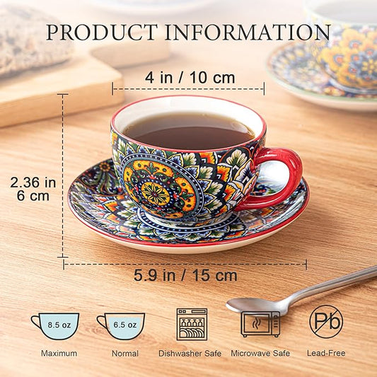 Henten Home 8.5 oz Cup with Saucers Set, Ceramic Coffee Mug Set of 6, Colorful Porcelain Cup for Latte, Tea, Cappuccino, Hot Cocoa, Espresso, Microwave & Dishwasher Safe