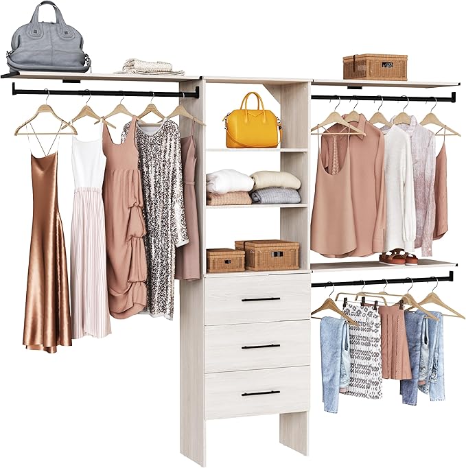 ClosetMaid SuiteSymphony 25-Inch Closet System Tower with (3) Hanging Rods, (3) Drawers, and (3) Top Shelves, White Timber